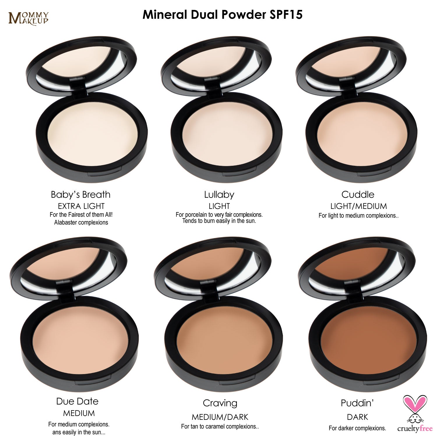 This Mineral Based 4-in-1 Product is your PRESSED Powder, Foundation, SPF 15 and Soft Focus Finish All in One! No loose powder mess! Formulated without talc, gluten, phthalates, fragrance, GMO, parabens, or corn.