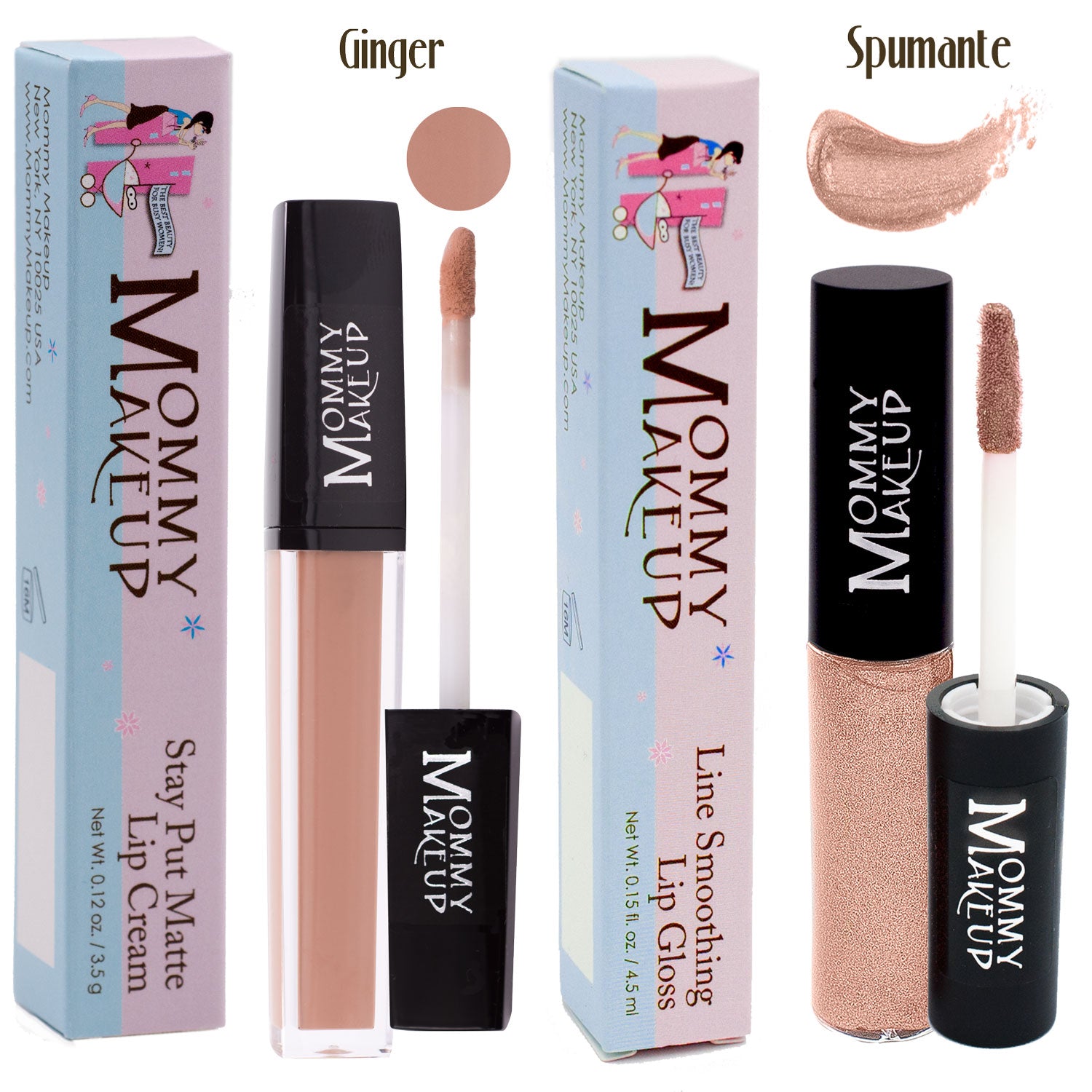 Sweet, chic, and oh-so-smooth. The Praline Pair is your go-to for natural beauty:
Ginger Stay Put Matte Lip Cream ā a rosy nude matte lip cream
Spumante Line Smoothing Lip Gloss ā a shimmering champagne gloss
Directions: Apply thin coat of Stay Put Matte Lip Cream to your lips. To do so, after dipping the wand into the tube, wipe off some of the product onto the opening, then blend the Stay Put Matte Lip Cream onto your lips. Let the color set/ dry. Then apply