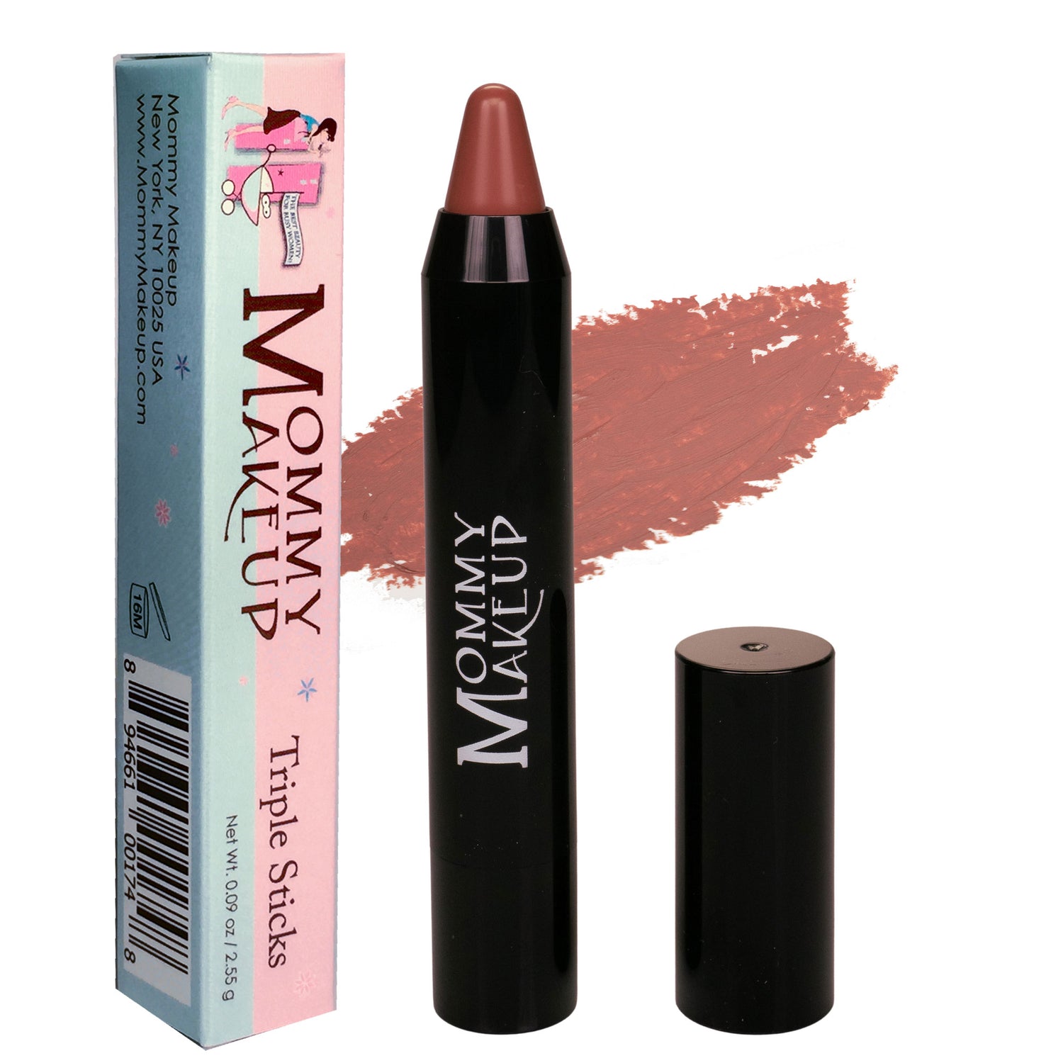 A Triple Stick makeup product by MOMMY MAKEUP, displaying the ginger spice colored lipstick, cream blush, and treatment pencil, alongside its packaging.