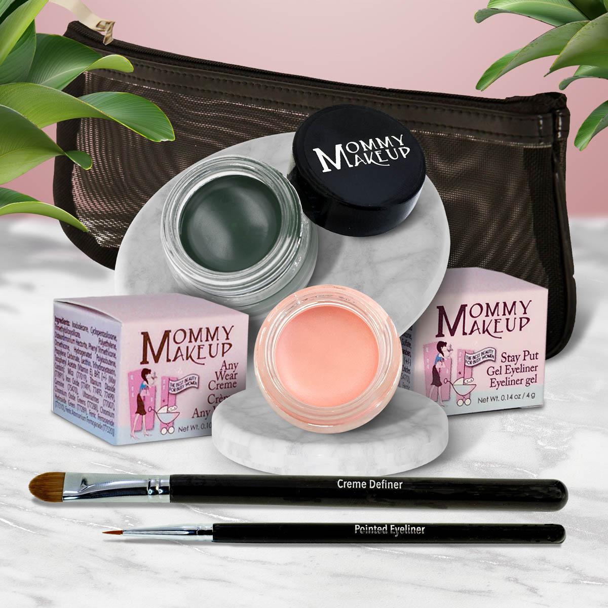 5 piece waterproof eye makeup set. Eyeliner, Eye shadow, brushes. Allergy tested, cruelty free. Made in USA. Duchess - A Peachy Rose with a Silver Sheen and Hunter - A Rich Hunter/Forest Green