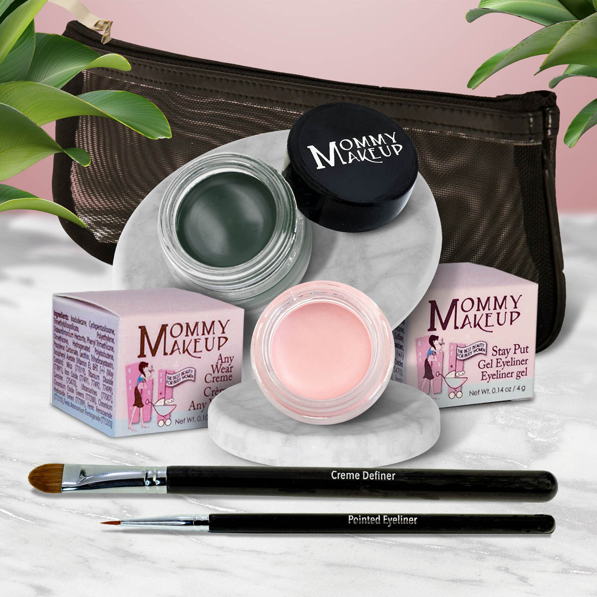 5 piece waterproof eye makeup set. Eyeliner, Eye shadow, brushes. Allergy tested, cruelty free. Made in USA. Cameo - a light nude pink and Hunter - A Rich Hunter/Forest Green