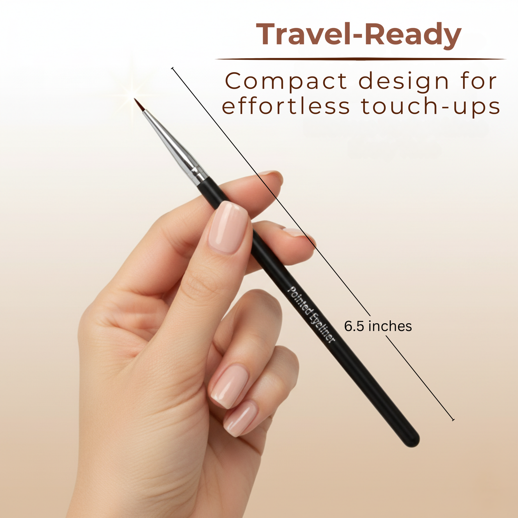 Hand holding a Mommy Makeup Pointed Eyeliner Brush with text about its travel-ready design on a beige background