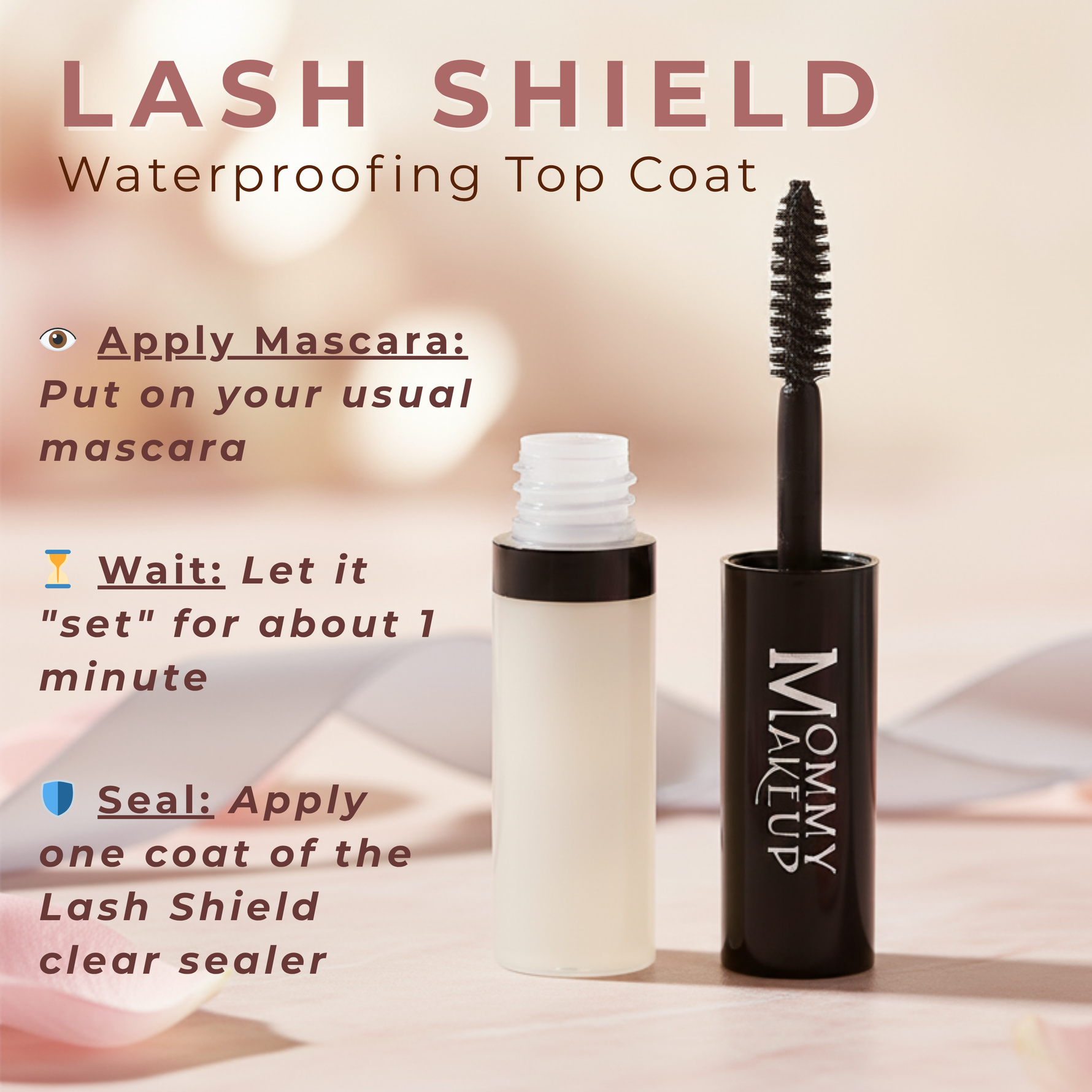 Lash Shield waterproofing top coat on a beige background
