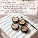 Mommy Makeup Mommy's Little Helper Concealer, Eyeshadow Base & Face Cover Up on a marble surface with promotional text about long-wearing, lightweight feel, and professional results.