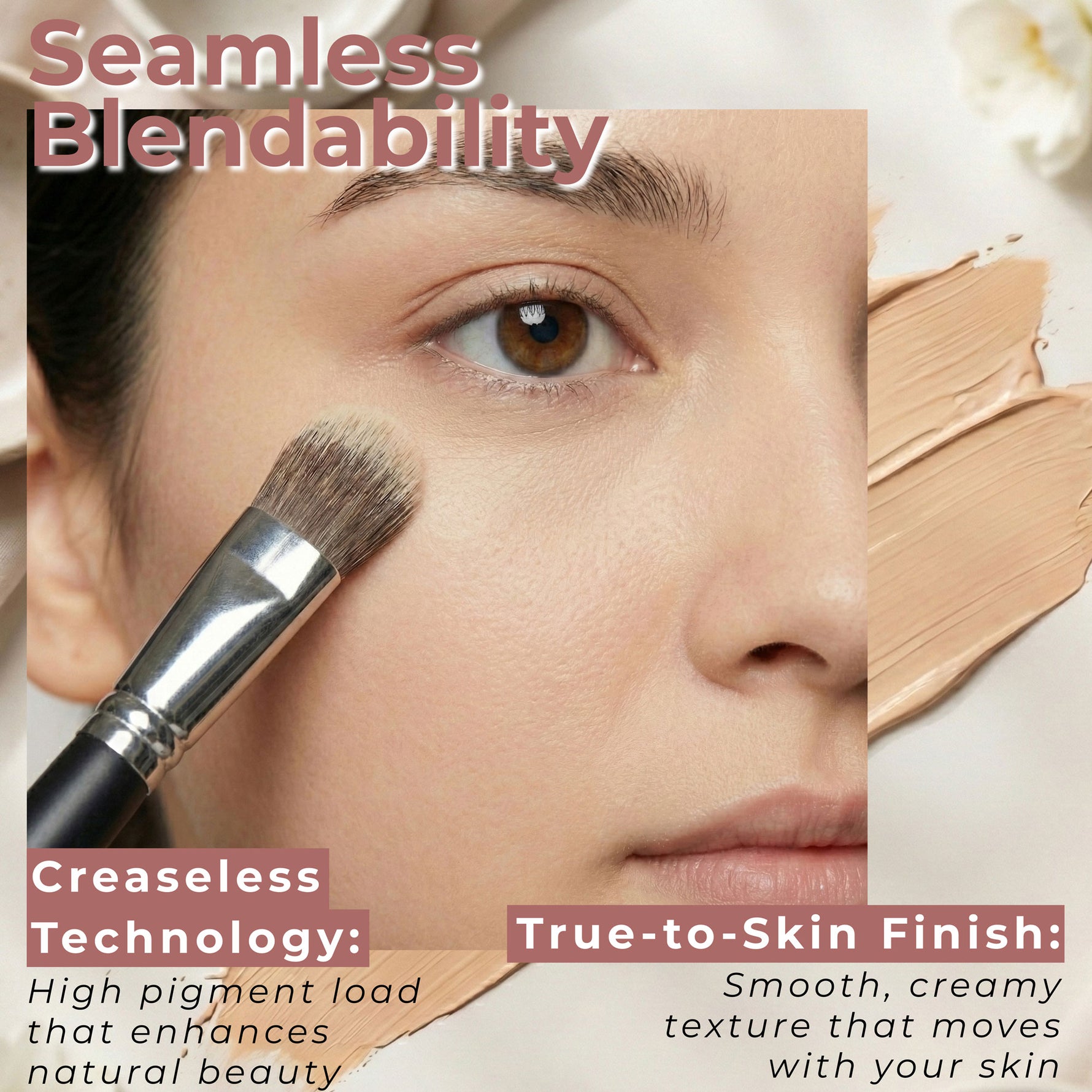 Mommy Makeup Mommy's Little Helper Concealer, Eyeshadow Base & Face Cover Up on a marble surface with promotional text about long-wearing, lightweight feel, and professional results.