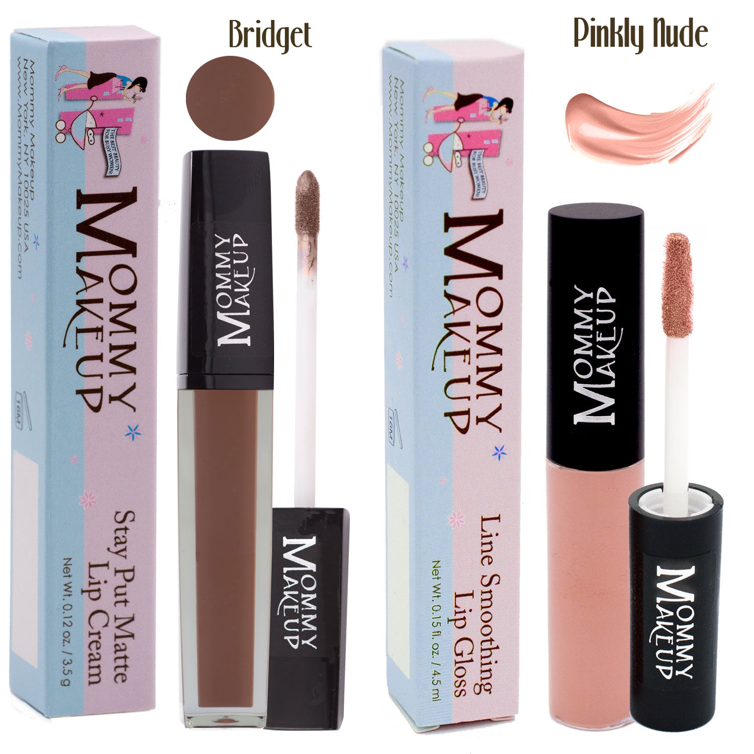 Flattering, fuss-free nudes that go with everything. The&nbsp;Nicely Nude Duo&nbsp;includes:

Bridget&nbsp;Stay Put Matte Lip Cream– a toffee nude matte lip cream

Pinkly Nude&nbsp;Line Smoothing Lip Gloss&nbsp;– a nude pink beige gloss

Directions: Apply thin coat of Stay Put Matte Lip Cream to your lips. To do so, after dipping the wand into the tube, wipe off some of the product onto the opening, then blend the&nbsp;Stay Put Matte Lip Cream onto your lips.&nbsp;Let the color set/ dry. Then apply a little