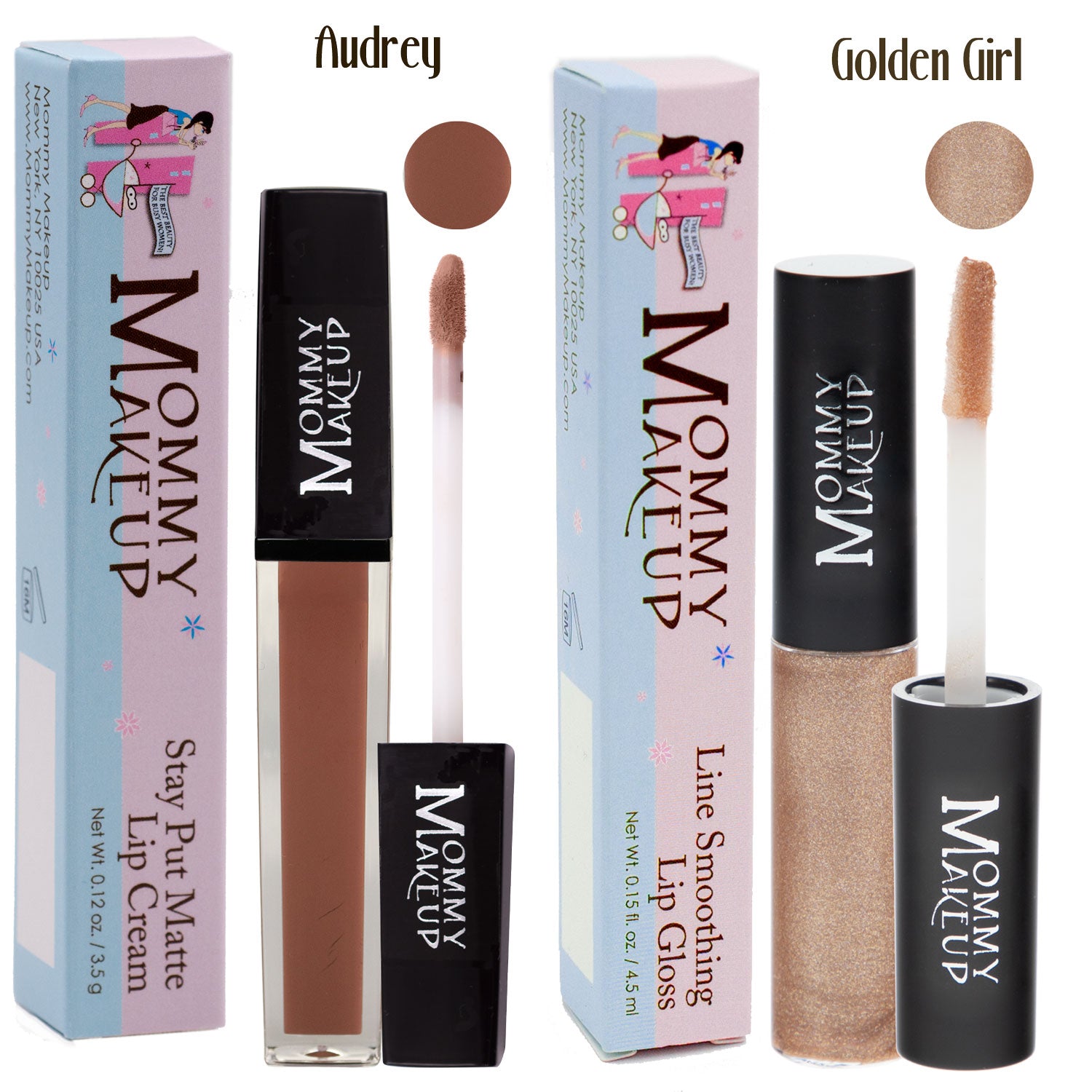 Warm. Natural. Irresistible. Latte Lips pairs a kiss-proof matte with a radiant gloss for a luscious coffee-toned look:
    • Audrey Stay Put Matte Lip Cream – a café brown matte lip cream
    • Golden Girl Line Smoothing Lip Gloss – a shimmering brown sugar gloss with golden glimmer