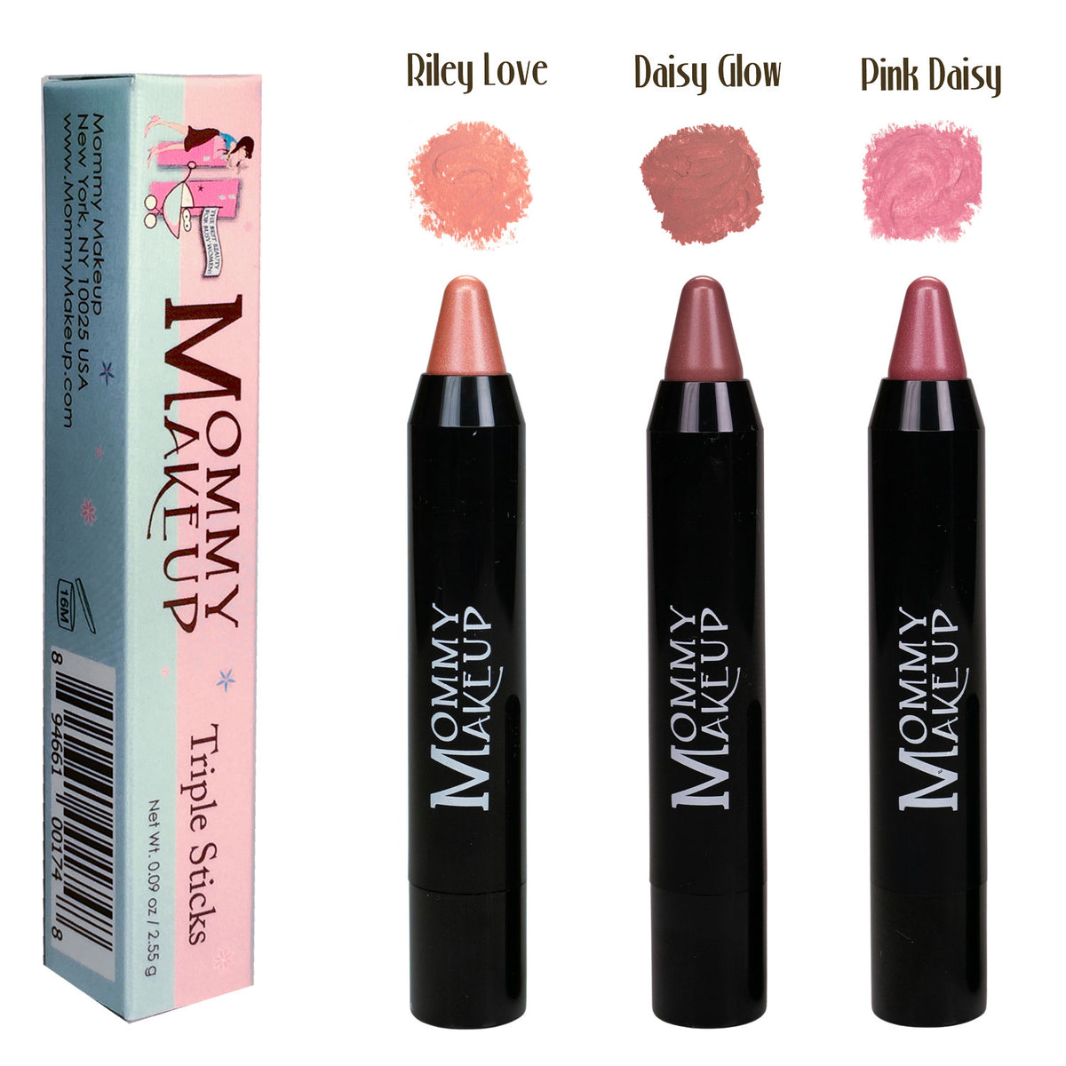 Get the perfect glimmer in every swipe! The *Threesome* bundle features three flirty pinks that glow and glisten:

- **Riley Love Triple Sticks Lipstick & Cream Blush** – a pinky peach with shimmer  
- **Pink Daisy Triple Sticks Lipstick & Cream Blush** – a daisy pink with shimmer  
- **Daisy Glow Triple Sticks Lipstick & Cream Blush** – a neutral pink with golden shimmer

This trio brings out your playful, radiant side—all in one swipe!