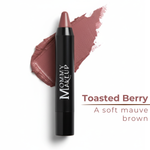Mommy Makeup Toasted Berry lip crayon with color swatch on white background