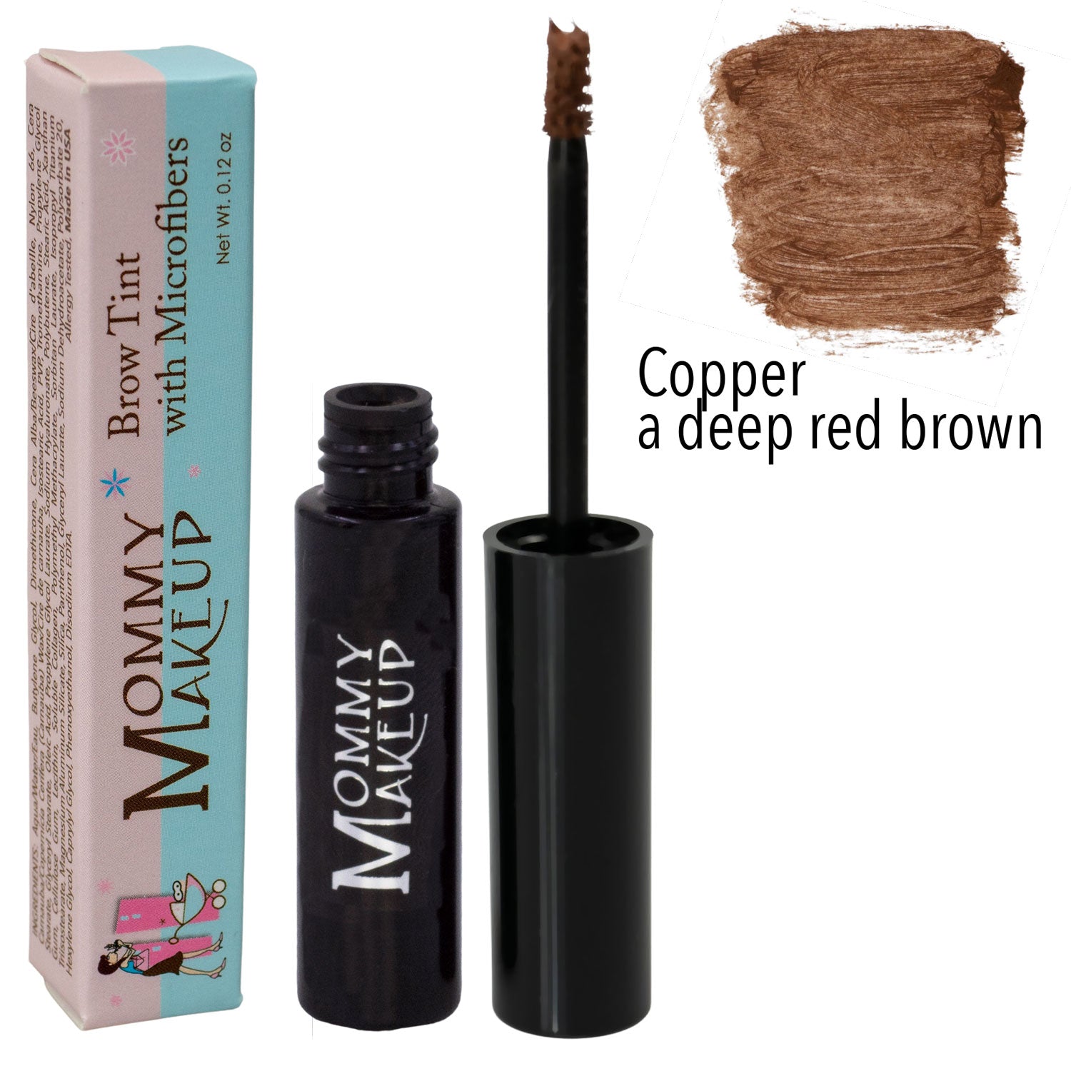 Brow Tint with Microfibers - Copper by Mommy Makeup for a balanced and bright eye! Tinted Eyebrow Gel. Clump-free, paraben-free, talc free, allergy tested, PETA certified cruelty free.