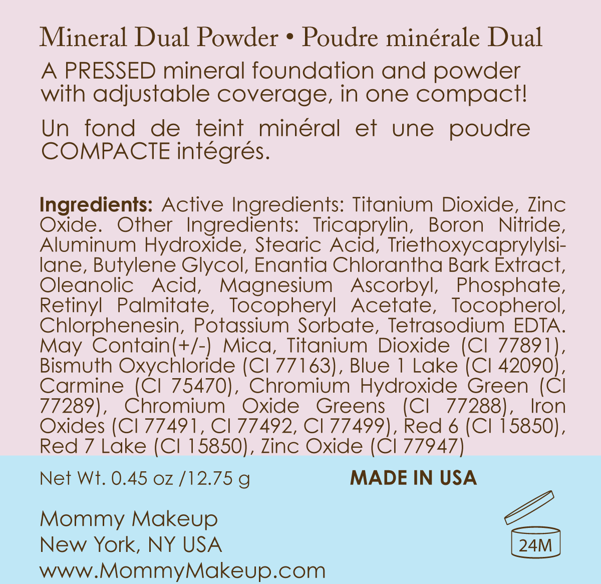 This Mineral Based 4-in-1 Product is your PRESSED Powder, Foundation, SPF 15 and Soft Focus Finish All in One! No loose powder mess! Formulated without talc, gluten, phthalates, fragrance, GMO, parabens, or corn.