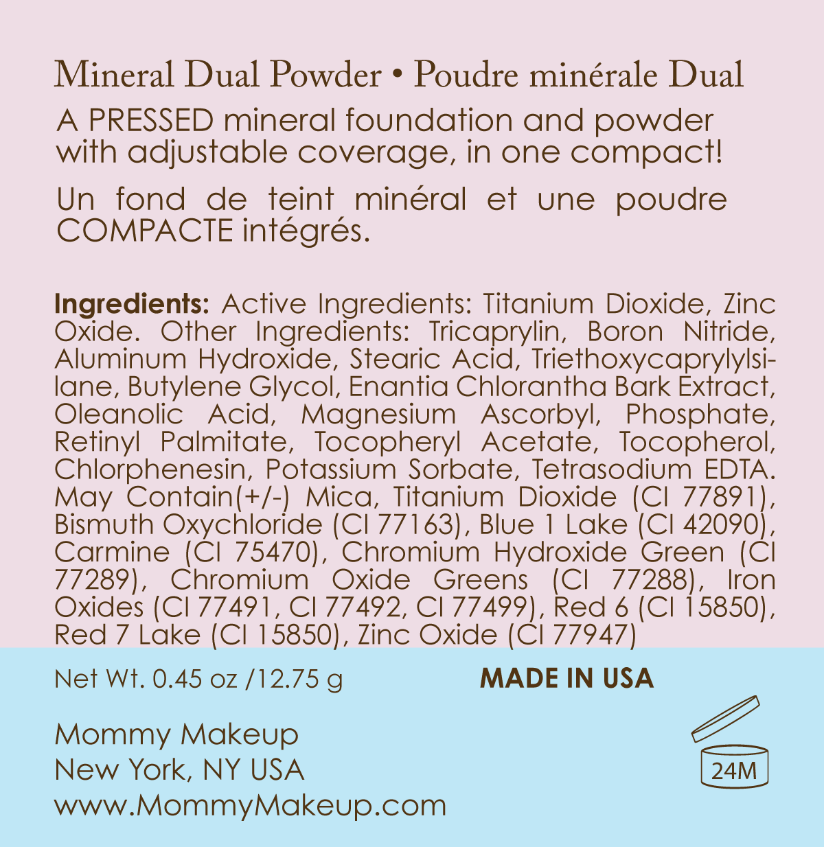 This Mineral Based 4-in-1 Product is your PRESSED Powder, Foundation, SPF 15 and Soft Focus Finish All in One! No loose powder mess! Formulated without talc, gluten, phthalates, fragrance, GMO, parabens, or corn.