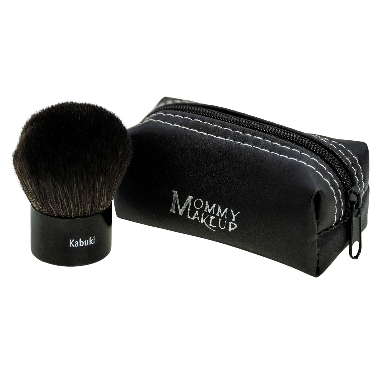Mommy Makeup Kabuki Brush with premium synthetic (vegan) bristles and cute travel-friendly bag