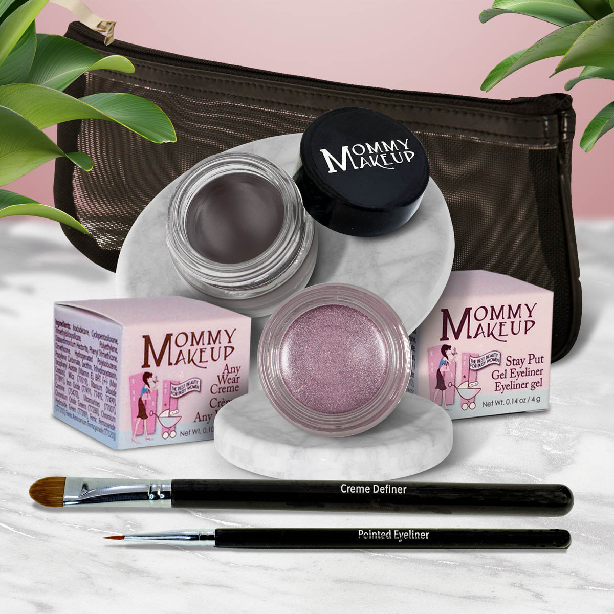5 piece waterproof eye makeup set. Eyeliner, Eye shadow, brushes. Allergy tested, cruelty free. Made in USA. Elsa - A Pale Shimmering Lilac and Chocolate Kiss - Deep brown/black