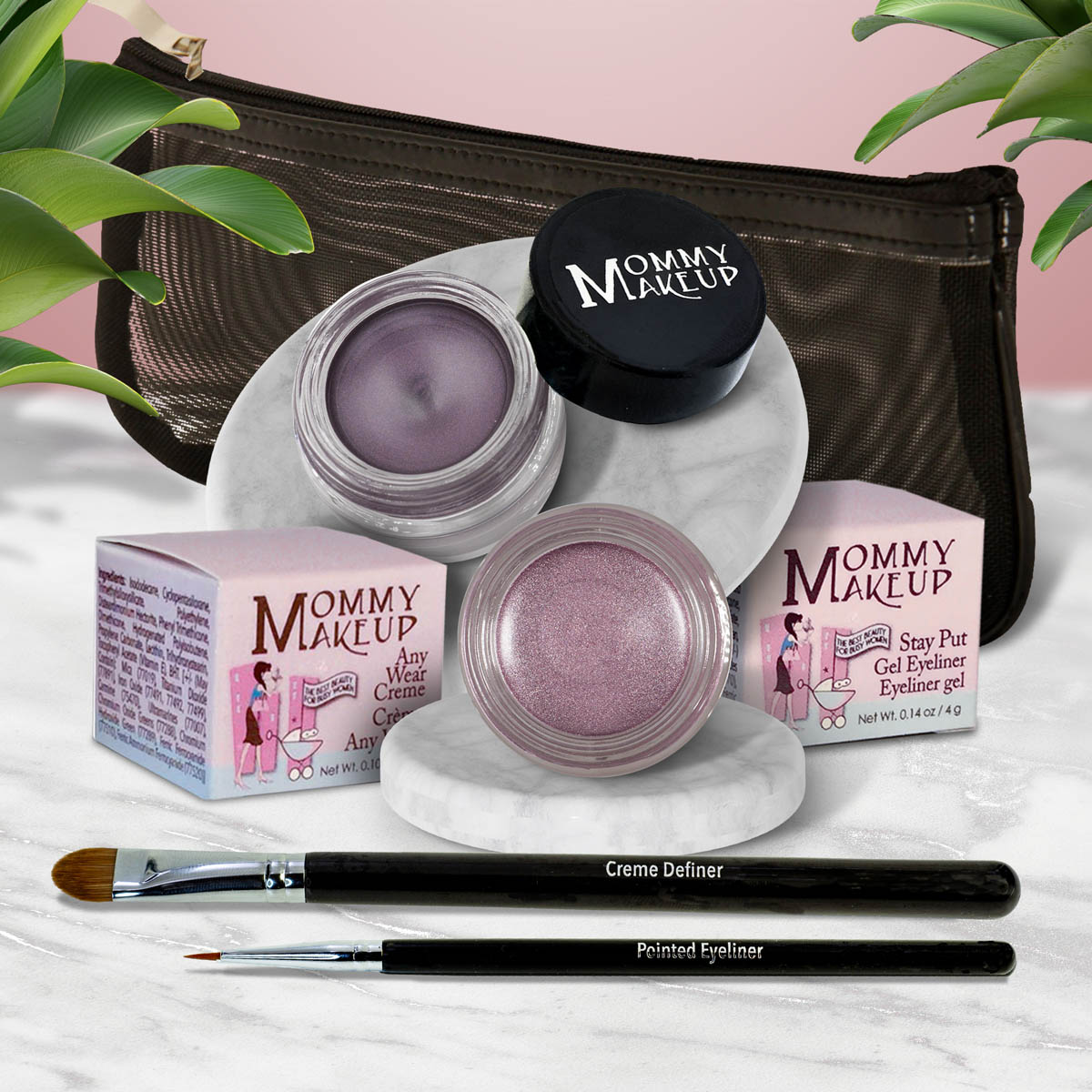 5 piece waterproof eye makeup set. Eyeliner, Eye shadow, brushes. Allergy tested, cruelty free. Made in USA. Elsa - A Pale Shimmering Lilac and Amethyst - Deep eggplant