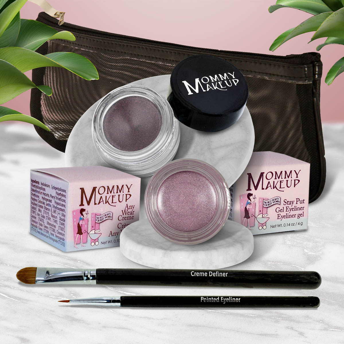 5 piece waterproof eye makeup set. Eyeliner, Eye shadow, brushes. Allergy tested, cruelty free. Made in USA. Elsa - A Pale Shimmering Lilac and Black Orchid - Luscious metallic black burgundy