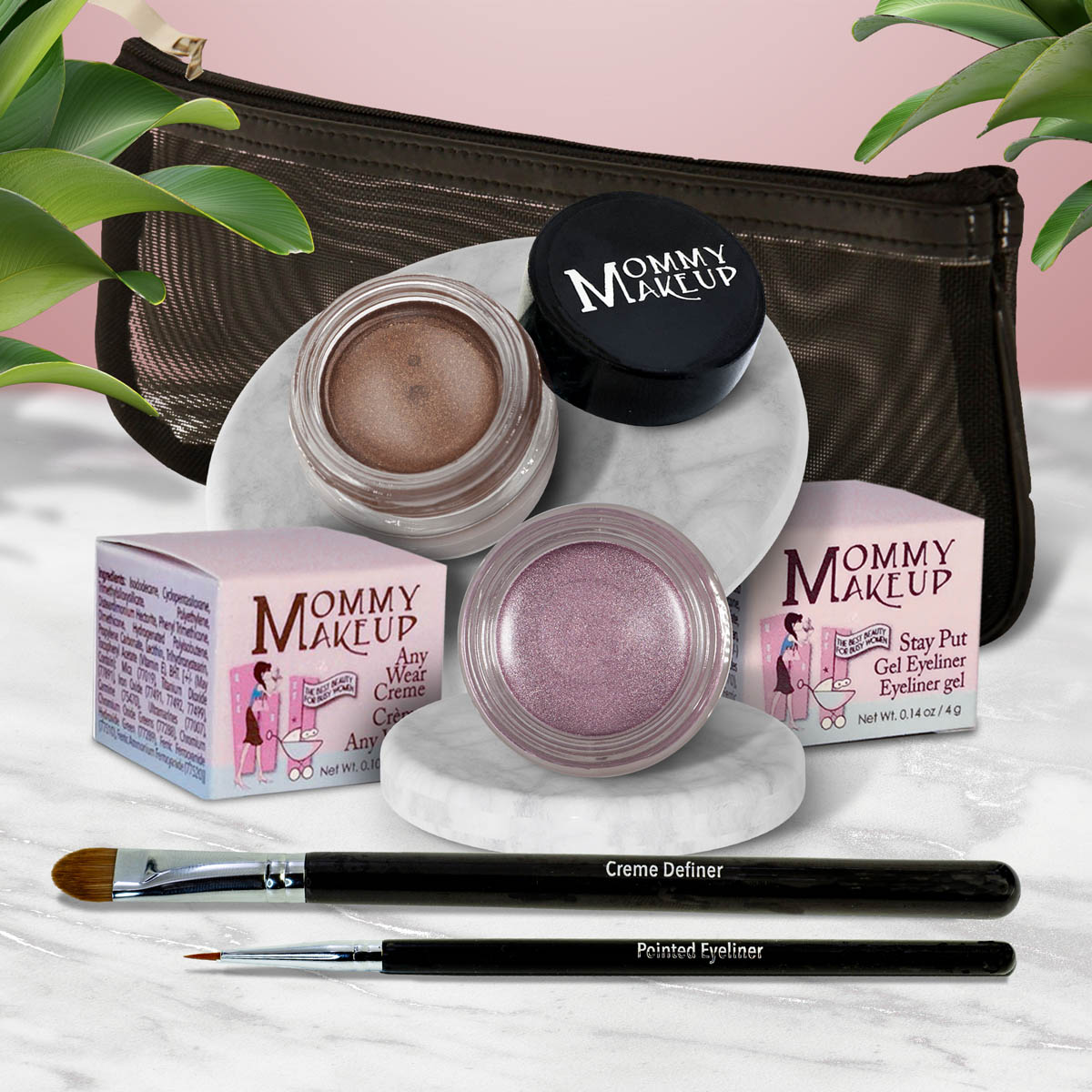 5 piece waterproof eye makeup set. Eyeliner, Eye shadow, brushes. Allergy tested, cruelty free. Made in USA. Elsa - A Pale Shimmering Lilac and Chocolate Sizzle - Milk chocolate brown with golden shimmer and golden flecks