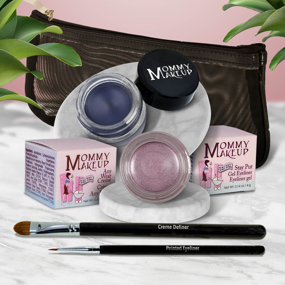 5 piece waterproof eye makeup set. Eyeliner, Eye shadow, brushes. Allergy tested, cruelty free. Made in USA. Elsa - A Pale Shimmering Lilac and Blue Angel - A Classic Navy Blue