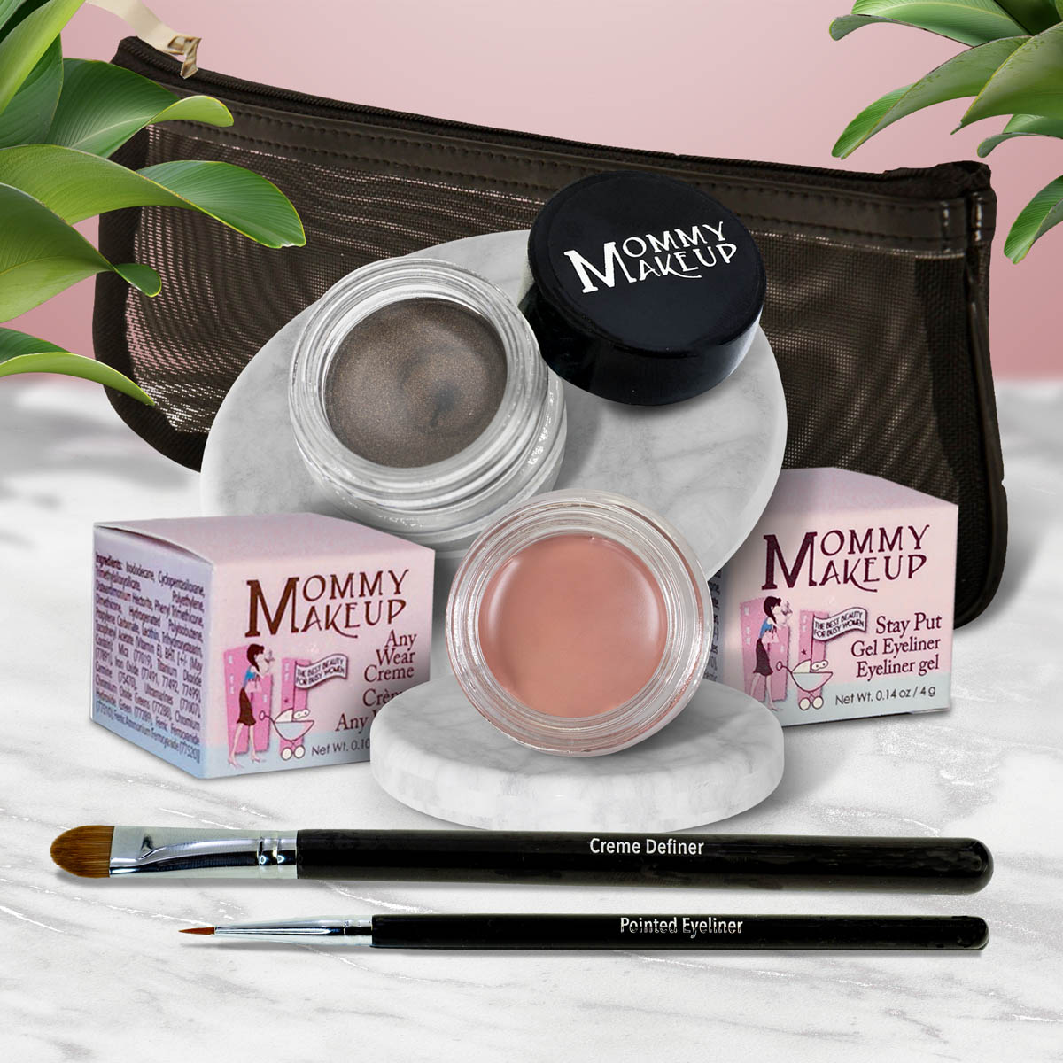 5 piece waterproof eye makeup set. Eyeliner, Eye shadow, brushes. Allergy tested, cruelty free. Made in USA. Anna - A Matte Warm Rosy Beige and Mischievous - Black with green and gold flecks