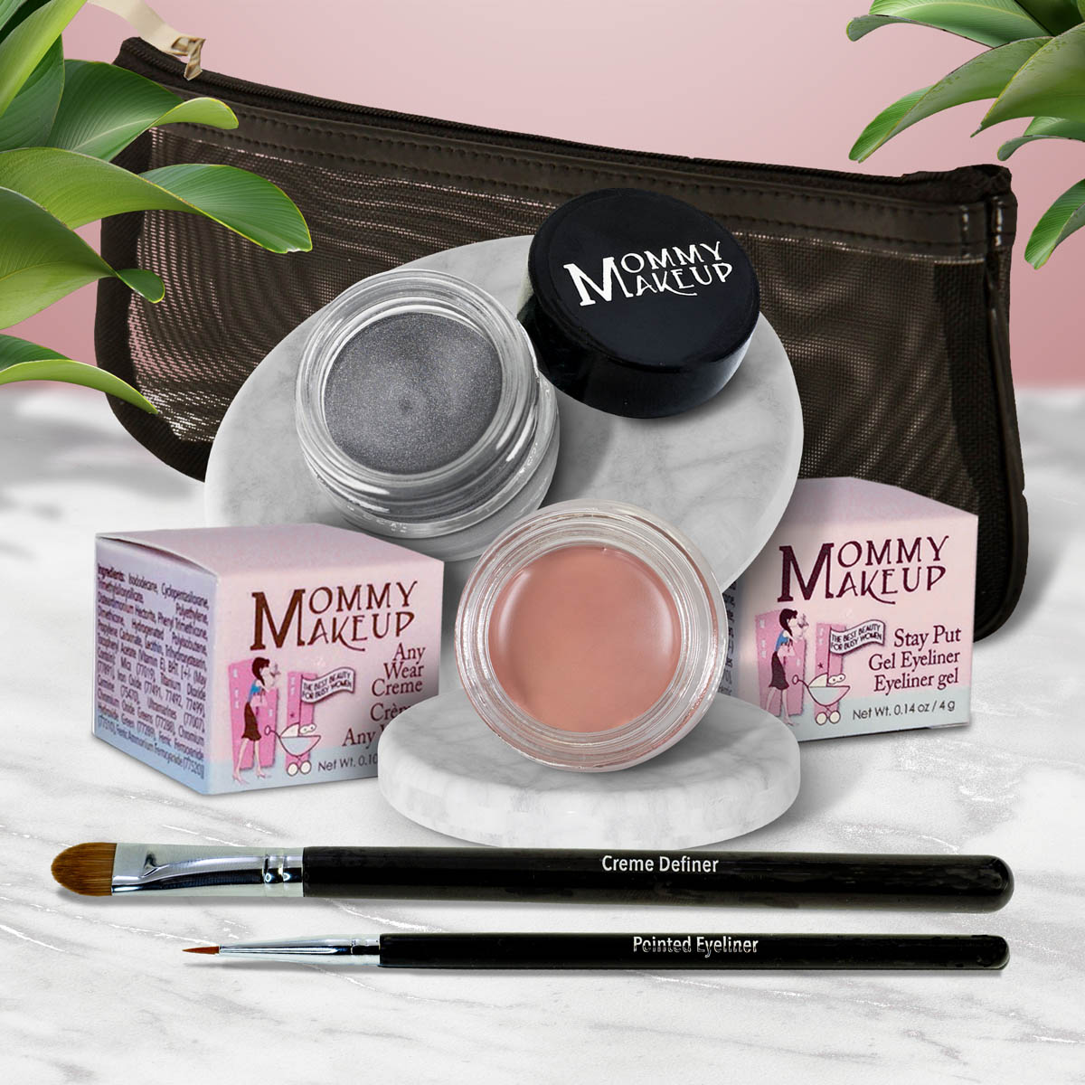 5 piece waterproof eye makeup set. Eyeliner, Eye shadow, brushes. Allergy tested, cruelty free. Made in USA. Anna - A Matte Warm Rosy Beige and Steel Magnolia - Deep grey with shimmer