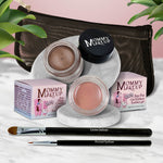 5 piece waterproof eye makeup set. Eyeliner, Eye shadow, brushes. Allergy tested, cruelty free. Made in USA. Anna - A Matte Warm Rosy Beige and Chocolate Sizzle - Milk chocolate brown with golden shimmer and golden flecks