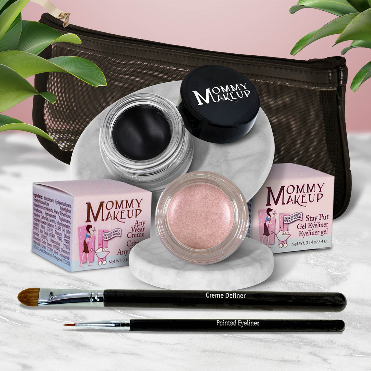 5 piece waterproof eye makeup set. Eyeliner, Eye shadow, brushes. Allergy tested, cruelty free. Made in USA. Pink Icing - A Pale Pearlized Pink and Black Beauty - Pure black