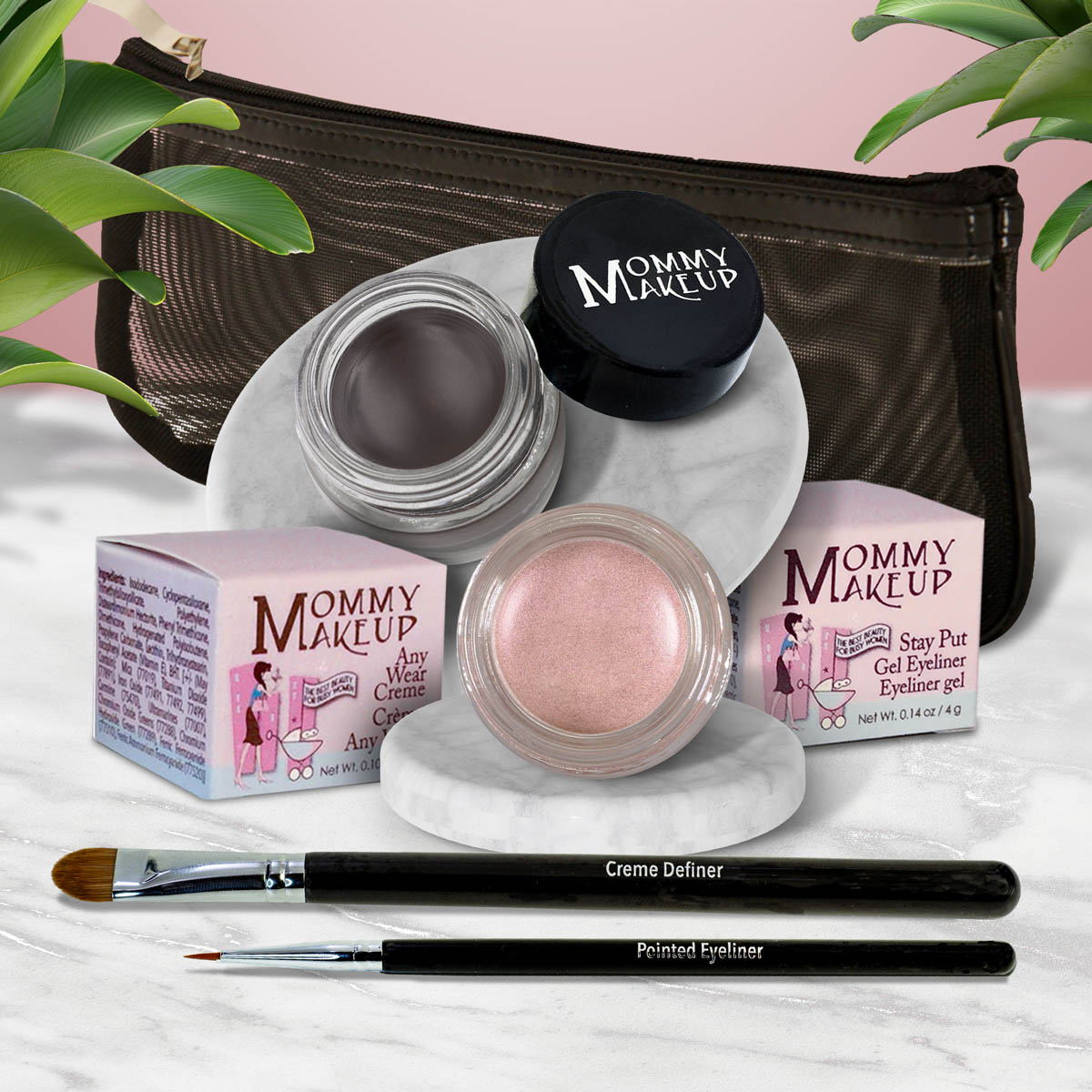 5 piece waterproof eye makeup set. Eyeliner, Eye shadow, brushes. Allergy tested, cruelty free. Made in USA. Pink Icing - A Pale Pearlized Pink and Chocolate Kiss - Deep brown/black