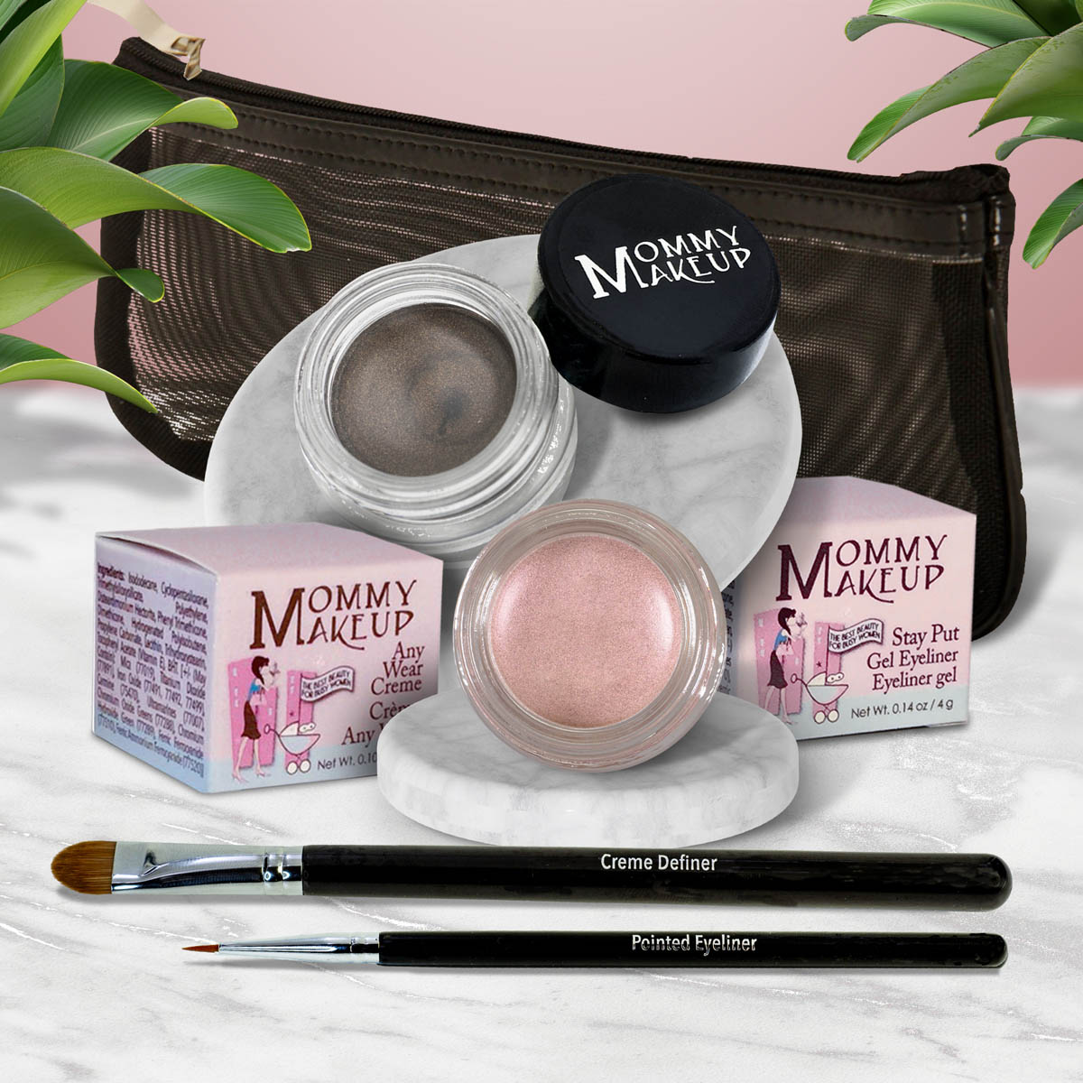 5 piece waterproof eye makeup set. Eyeliner, Eye shadow, brushes. Allergy tested, cruelty free. Made in USA. Pink Icing - A Pale Pearlized Pink and Mischievous - Black with green and gold flecks