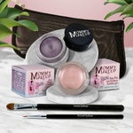 5 piece waterproof eye makeup set. Eyeliner, Eye shadow, brushes. Allergy tested, cruelty free. Made in USA. Pink Icing - A Pale Pearlized Pink and Amethyst - Deep eggplant