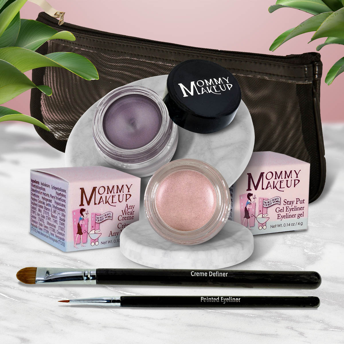 5 piece waterproof eye makeup set. Eyeliner, Eye shadow, brushes. Allergy tested, cruelty free. Made in USA. Pink Icing - A Pale Pearlized Pink and Amethyst - Deep eggplant