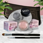 5 piece waterproof eye makeup set. Eyeliner, Eye shadow, brushes. Allergy tested, cruelty free. Made in USA. Pink Icing - A Pale Pearlized Pink and Steel Magnolia - Deep grey with shimmer