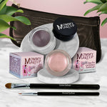 5 piece waterproof eye makeup set. Eyeliner, Eye shadow, brushes. Allergy tested, cruelty free. Made in USA. Pink Icing - A Pale Pearlized Pink and Black Orchid - Luscious metallic black burgundy