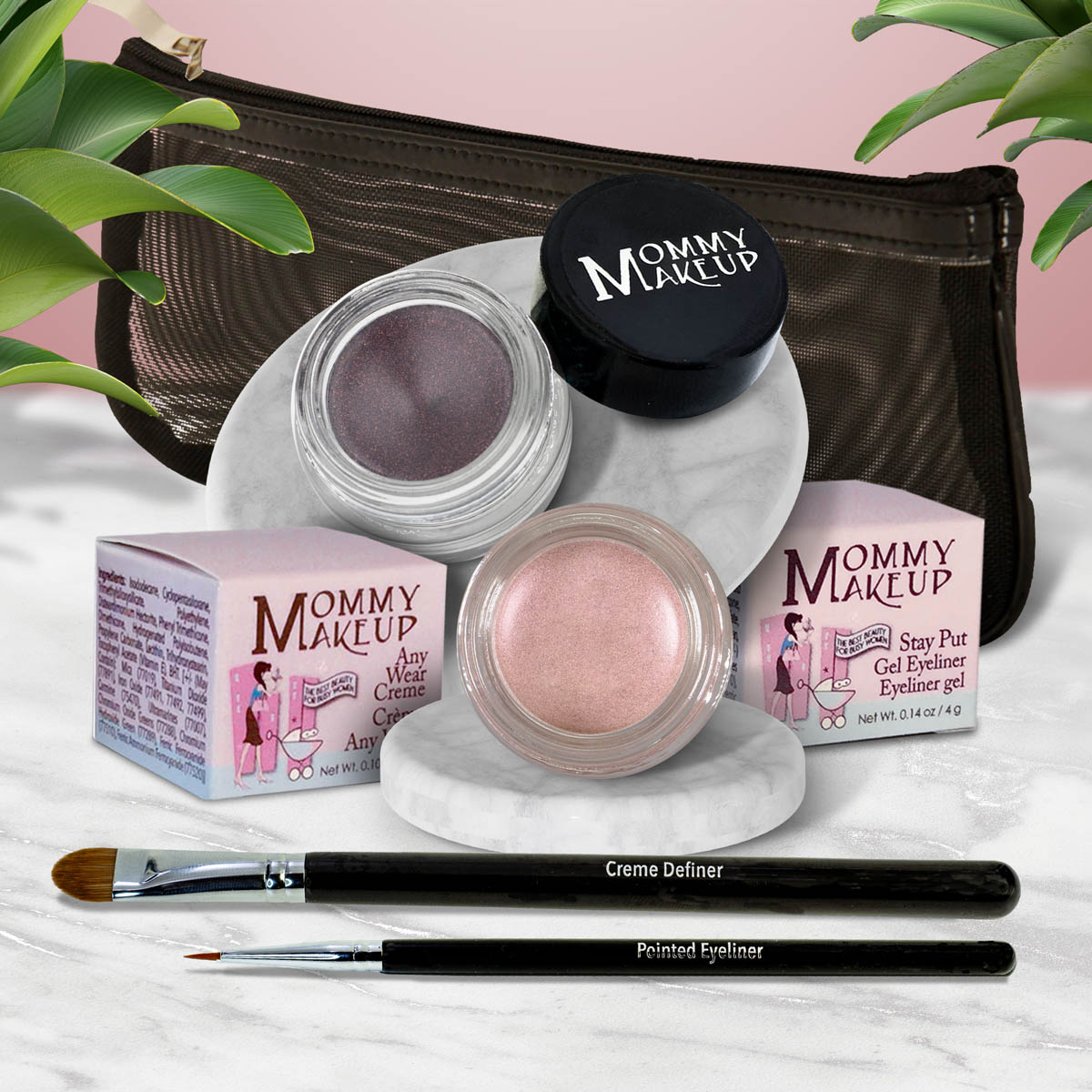 5 piece waterproof eye makeup set. Eyeliner, Eye shadow, brushes. Allergy tested, cruelty free. Made in USA. Pink Icing - A Pale Pearlized Pink and Black Orchid - Luscious metallic black burgundy