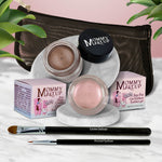 5 piece waterproof eye makeup set. Eyeliner, Eye shadow, brushes. Allergy tested, cruelty free. Made in USA. Pink Icing - A Pale Pearlized Pink and Chocolate Sizzle - Milk chocolate brown with golden shimmer and golden flecks