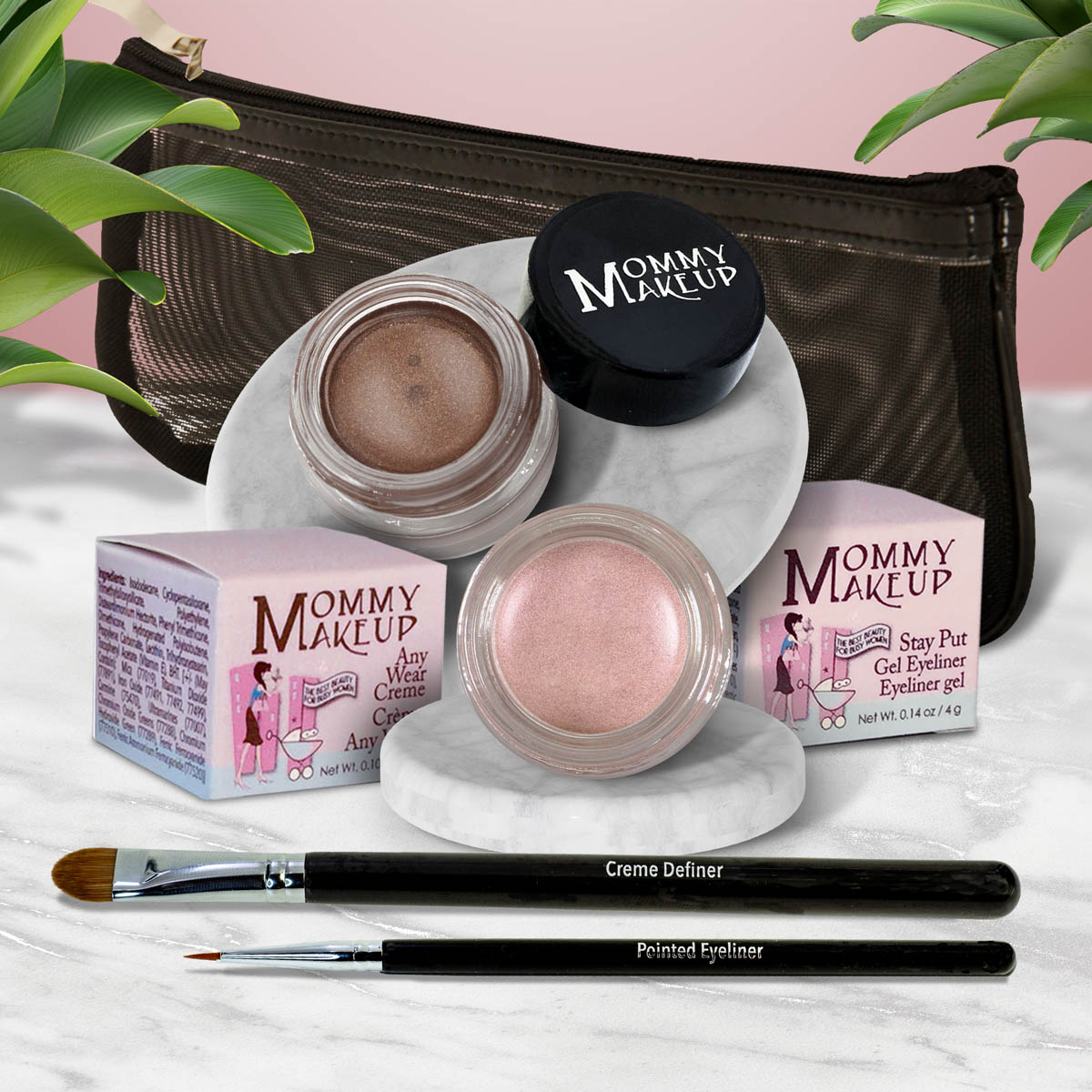 5 piece waterproof eye makeup set. Eyeliner, Eye shadow, brushes. Allergy tested, cruelty free. Made in USA. Pink Icing - A Pale Pearlized Pink and Chocolate Sizzle - Milk chocolate brown with golden shimmer and golden flecks