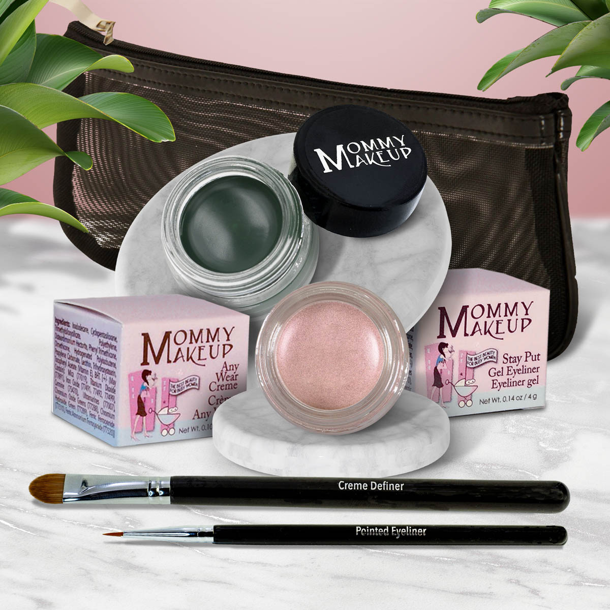 5 piece waterproof eye makeup set. Eyeliner, Eye shadow, brushes. Allergy tested, cruelty free. Made in USA. Pink Icing - A Pale Pearlized Pink and Hunter - A Rich Hunter/Forest Green