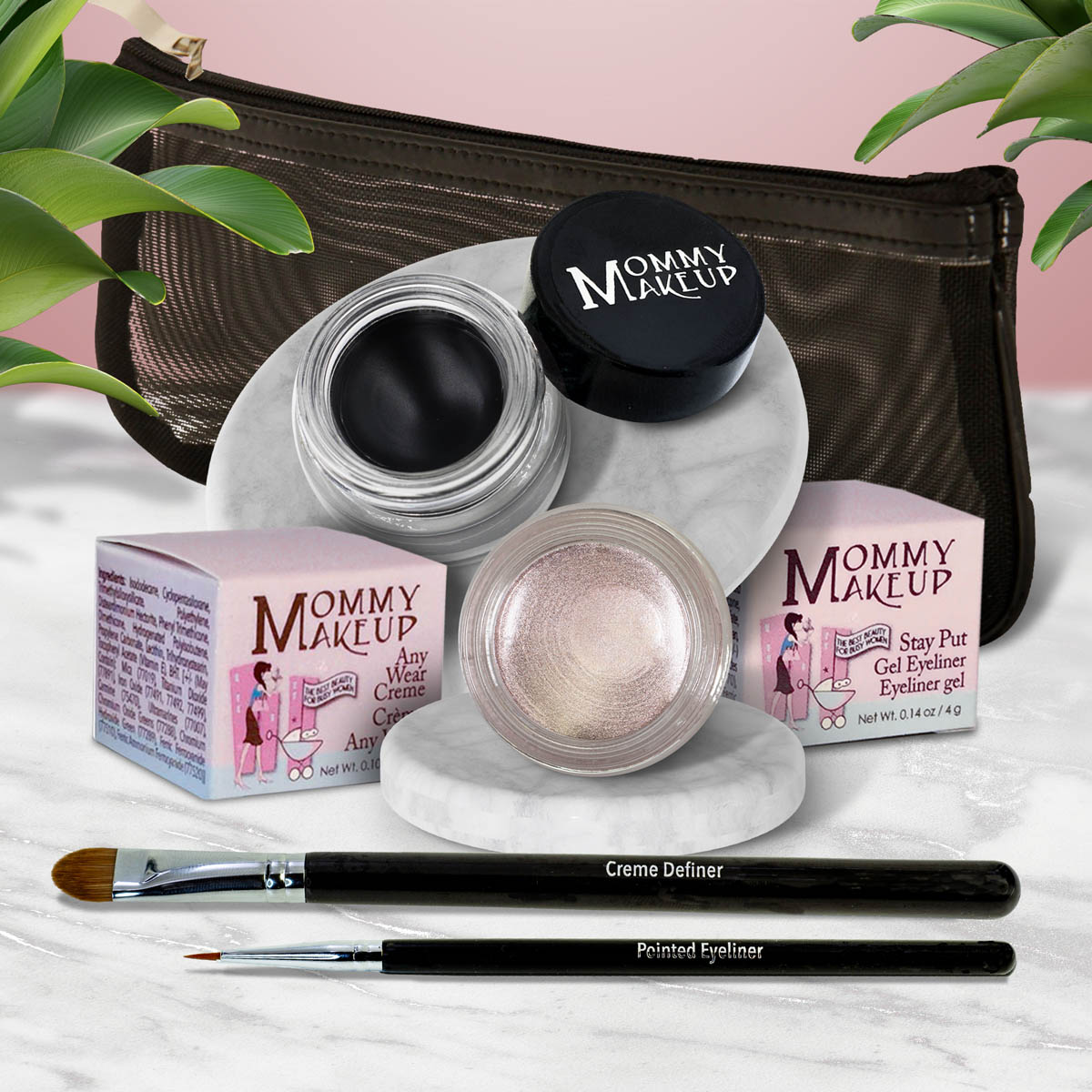 5 piece waterproof eye makeup set. Eyeliner, Eye shadow, brushes. Allergy tested, cruelty free. Made in USA. Crystal - A Pale Shimmering Pewter and Black Beauty - Pure black