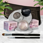 5 piece waterproof eye makeup set. Eyeliner, Eye shadow, brushes. Allergy tested, cruelty free. Made in USA. Crystal - A Pale Shimmering Pewter and Mischievous - Black with green and gold flecks