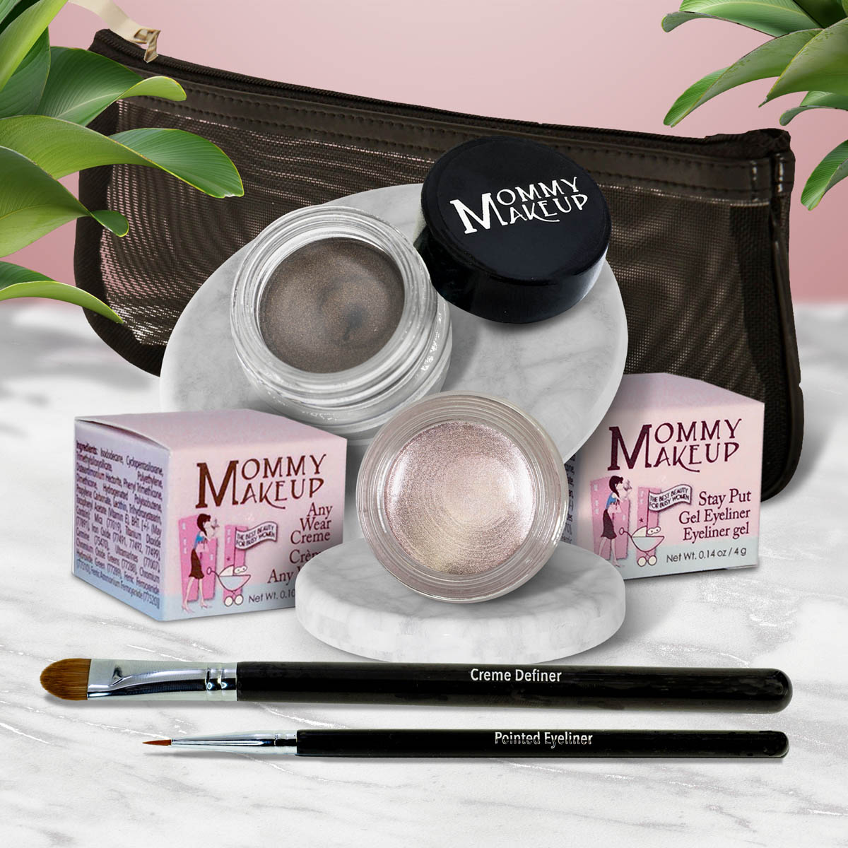 5 piece waterproof eye makeup set. Eyeliner, Eye shadow, brushes. Allergy tested, cruelty free. Made in USA. Crystal - A Pale Shimmering Pewter and Mischievous - Black with green and gold flecks