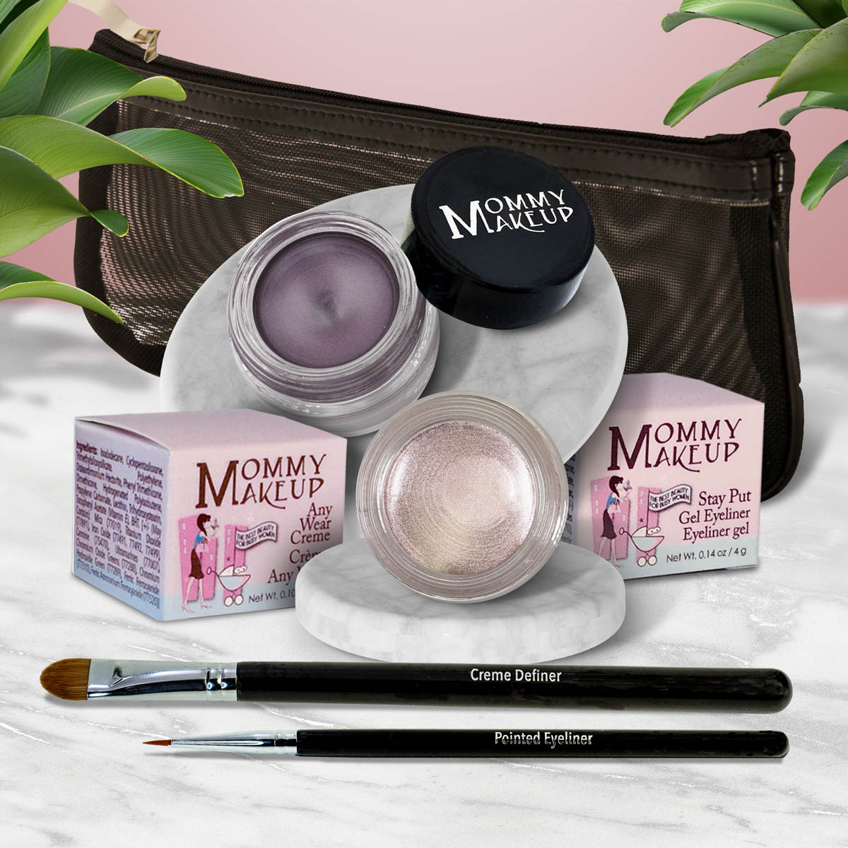 5 piece waterproof eye makeup set. Eyeliner, Eye shadow, brushes. Allergy tested, cruelty free. Made in USA. Crystal - A Pale Shimmering Pewter and Amethyst - Deep eggplant