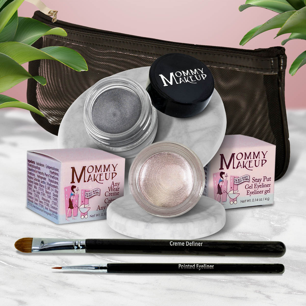 5 piece waterproof eye makeup set. Eyeliner, Eye shadow, brushes. Allergy tested, cruelty free. Made in USA. Crystal - A Pale Shimmering Pewter and Steel Magnolia - Deep grey with shimmer