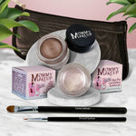 5 piece waterproof eye makeup set. Eyeliner, Eye shadow, brushes. Allergy tested, cruelty free. Made in USA. Crystal - A Pale Shimmering Pewter and Chocolate Sizzle - Milk chocolate brown with golden shimmer and golden flecks