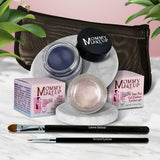 5 piece waterproof eye makeup set. Eyeliner, Eye shadow, brushes. Allergy tested, cruelty free. Made in USA. Crystal - A Pale Shimmering Pewter and Blue Angel - A Classic Navy Blue