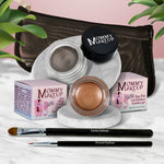 5 piece waterproof eye makeup set. Eyeliner, Eye shadow, brushes. Allergy tested, cruelty free. Made in USA. Golden Caramel - A Caramel Brown with Golden Shimmer and Mischievous - Black with green and gold flecks