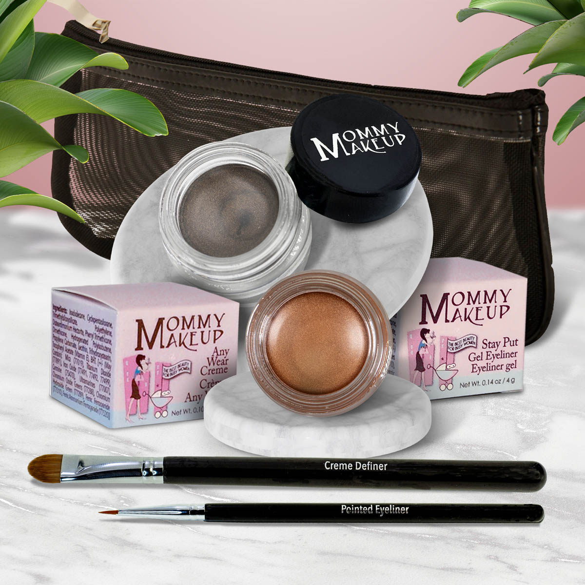5 piece waterproof eye makeup set. Eyeliner, Eye shadow, brushes. Allergy tested, cruelty free. Made in USA. Golden Caramel - A Caramel Brown with Golden Shimmer and Mischievous - Black with green and gold flecks