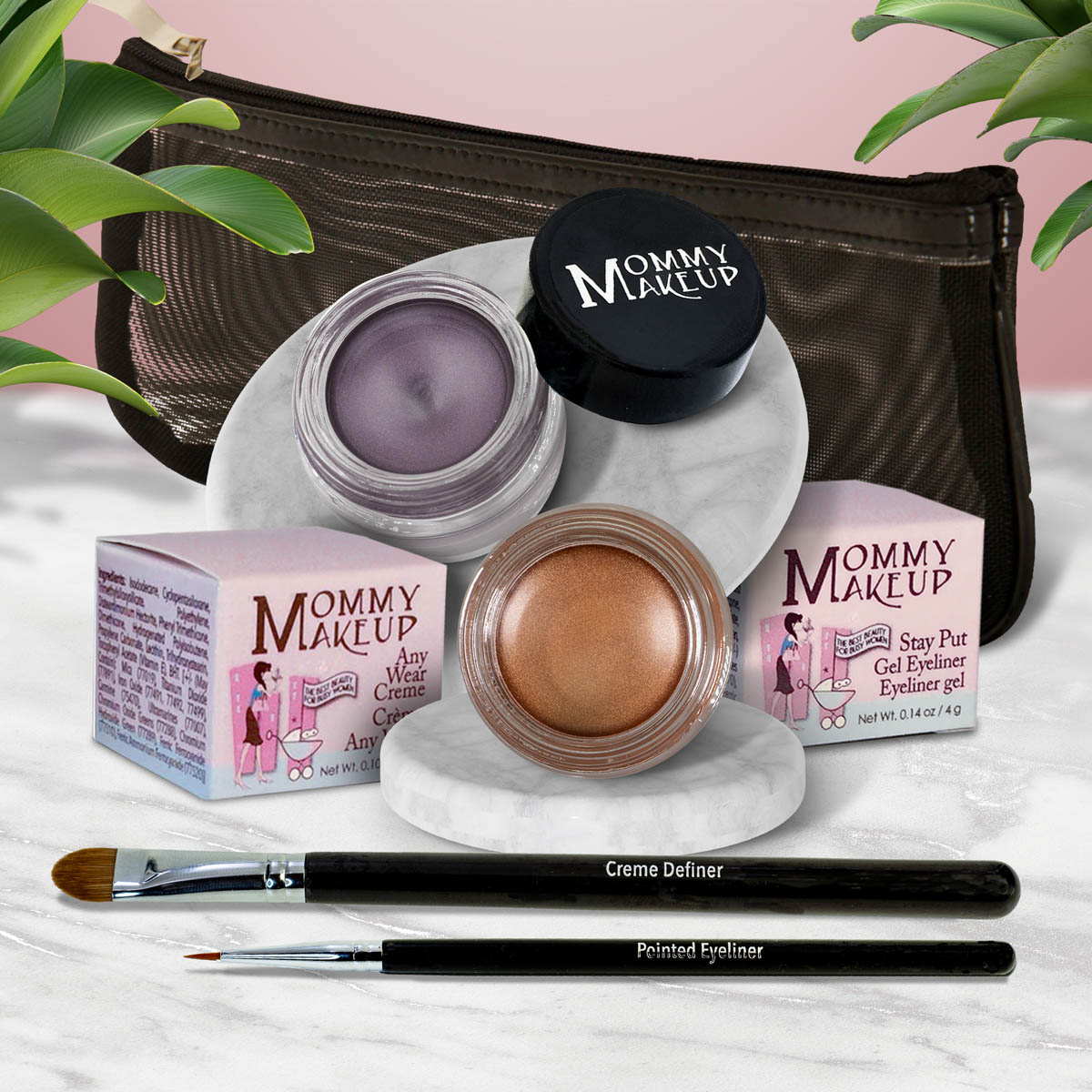 5 piece waterproof eye makeup set. Eyeliner, Eye shadow, brushes. Allergy tested, cruelty free. Made in USA. Golden Caramel - A Caramel Brown with Golden Shimmer and Amethyst - Deep eggplant