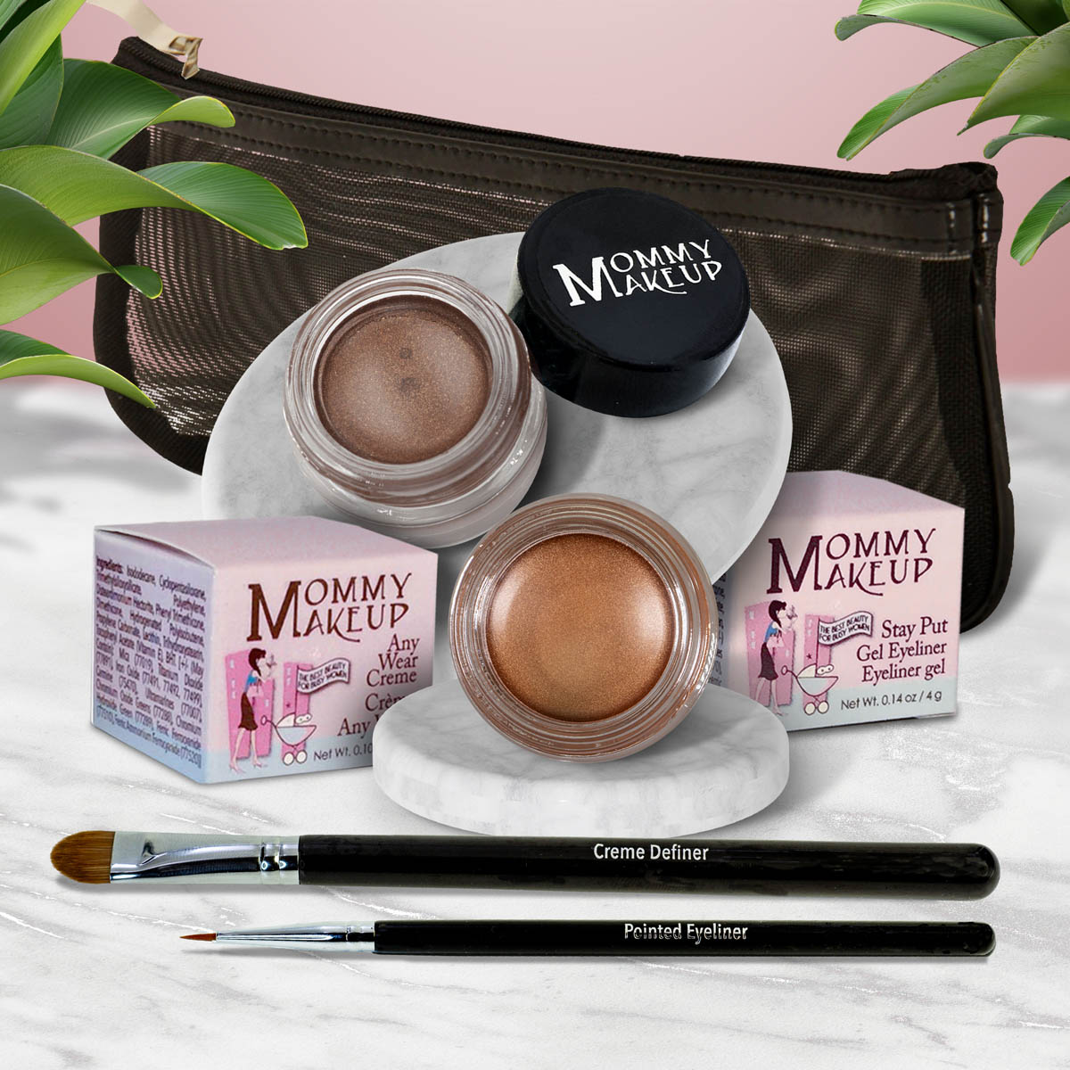 5 piece waterproof eye makeup set. Eyeliner, Eye shadow, brushes. Allergy tested, cruelty free. Made in USA. Golden Caramel - A Caramel Brown with Golden Shimmer and Chocolate Sizzle - Milk chocolate brown with golden shimmer and golden flecks