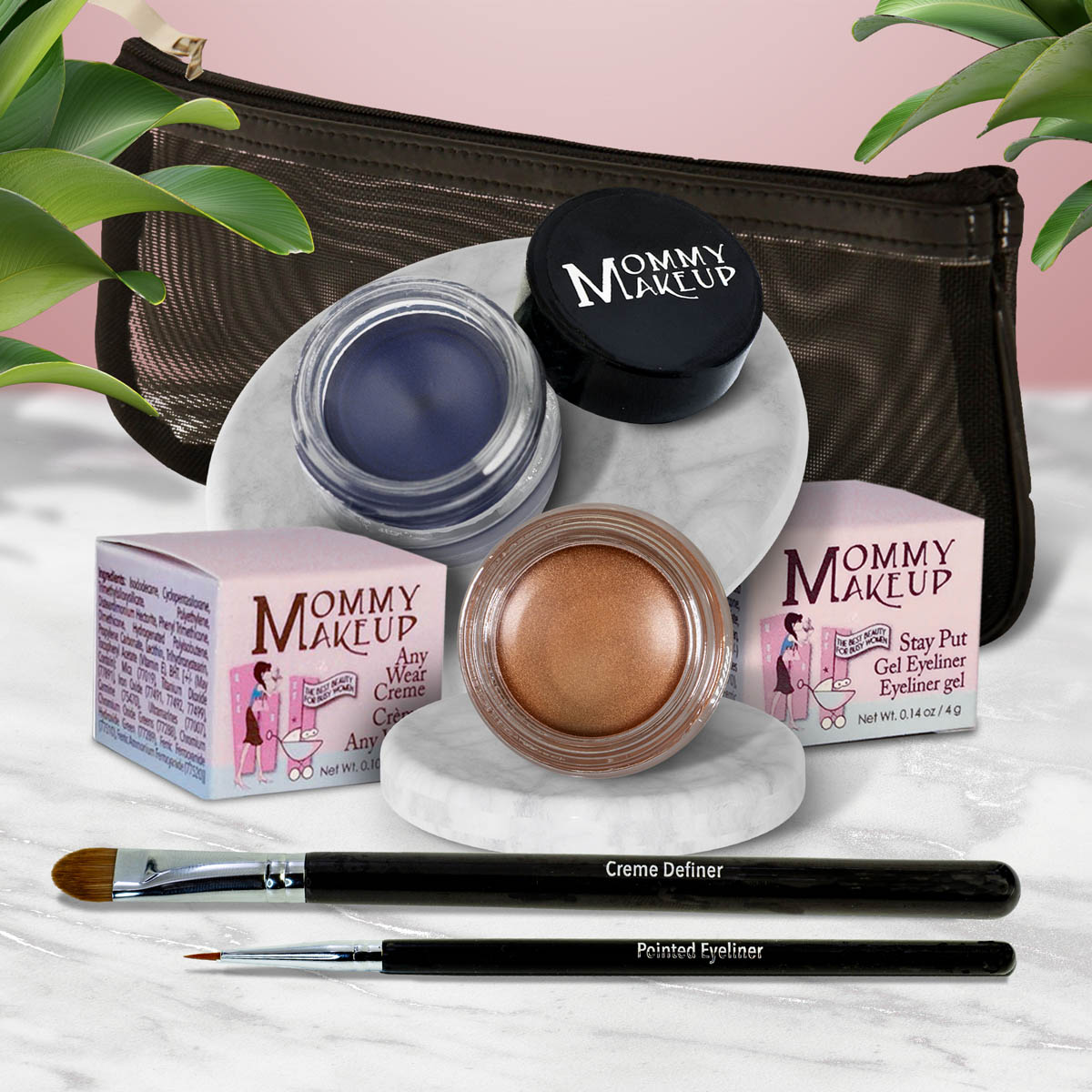 5 piece waterproof eye makeup set. Eyeliner, Eye shadow, brushes. Allergy tested, cruelty free. Made in USA. Golden Caramel - A Caramel Brown with Golden Shimmer and Blue Angel - A Classic Navy Blue