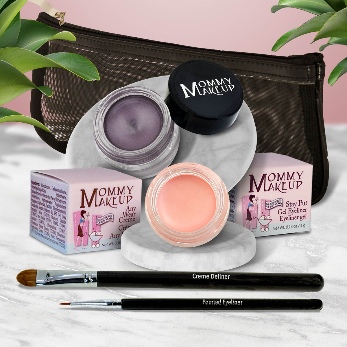 5 piece waterproof eye makeup set. Eyeliner, Eye shadow, brushes. Allergy tested, cruelty free. Made in USA. Duchess - A Peachy Rose with a Silver Sheen and Amethyst - Deep eggplant