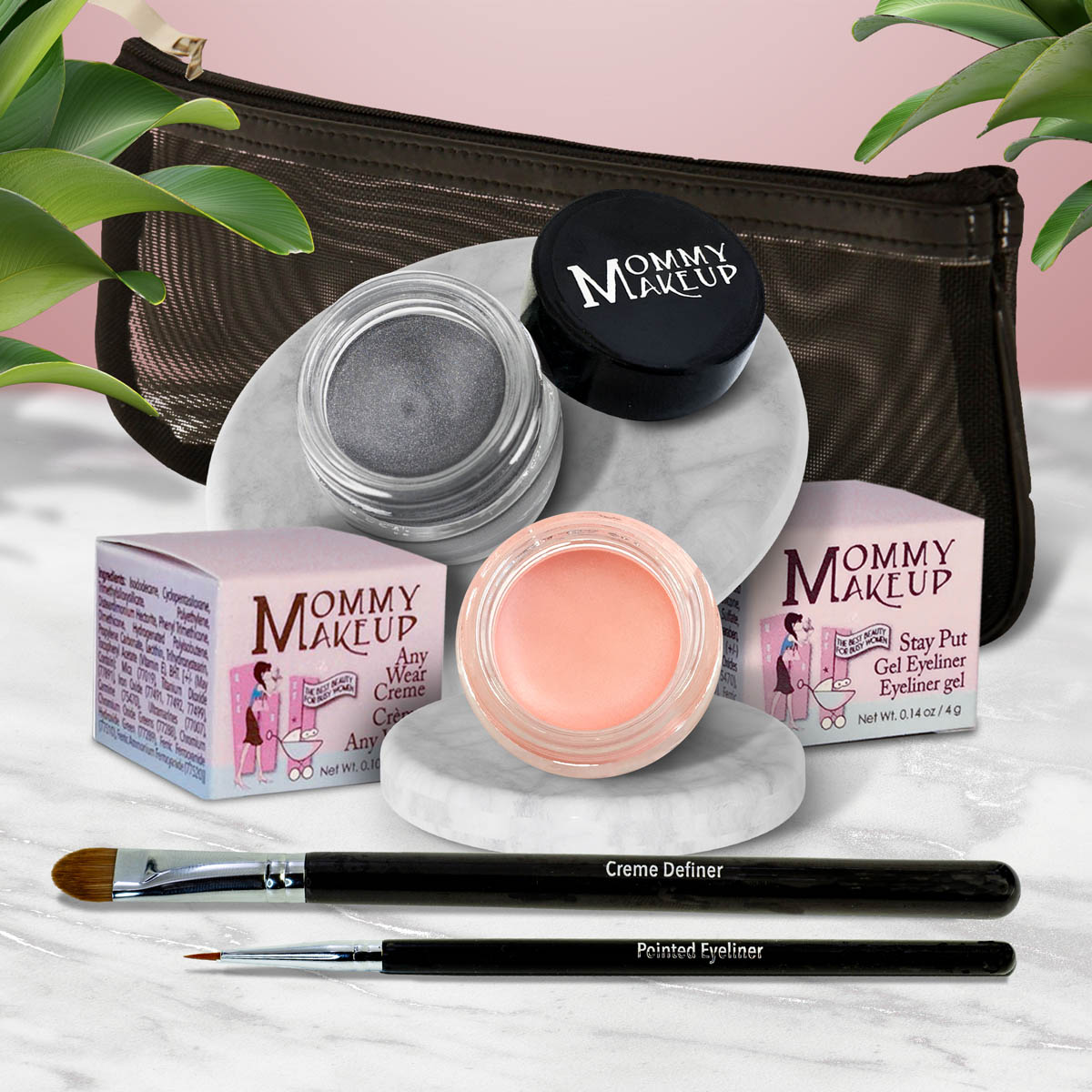 5 piece waterproof eye makeup set. Eyeliner, Eye shadow, brushes. Allergy tested, cruelty free. Made in USA. Duchess - A Peachy Rose with a Silver Sheen and Steel Magnolia - Deep grey with shimmer